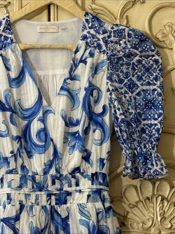 Ramy Brook Womens Susan Blue Printed V-Neck Cotton Mini Dress Size XXS. A-2 - Image 6