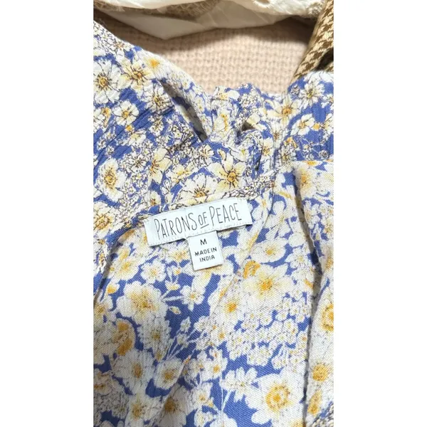 Patrons of Peace Blue Yellow Ditsy Floral Peasant Blouse Boho Size Medium - Image 6