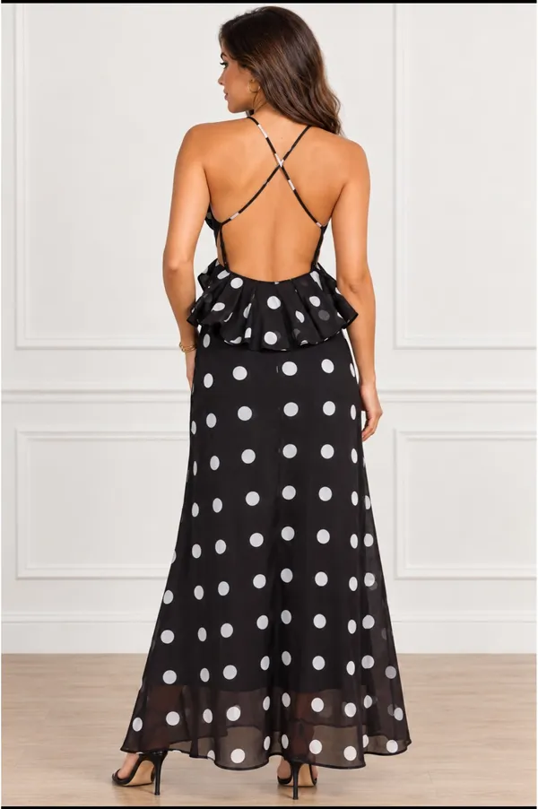 Fancy Halter Ruffle Polka Dot Maxi Dress - Image 3