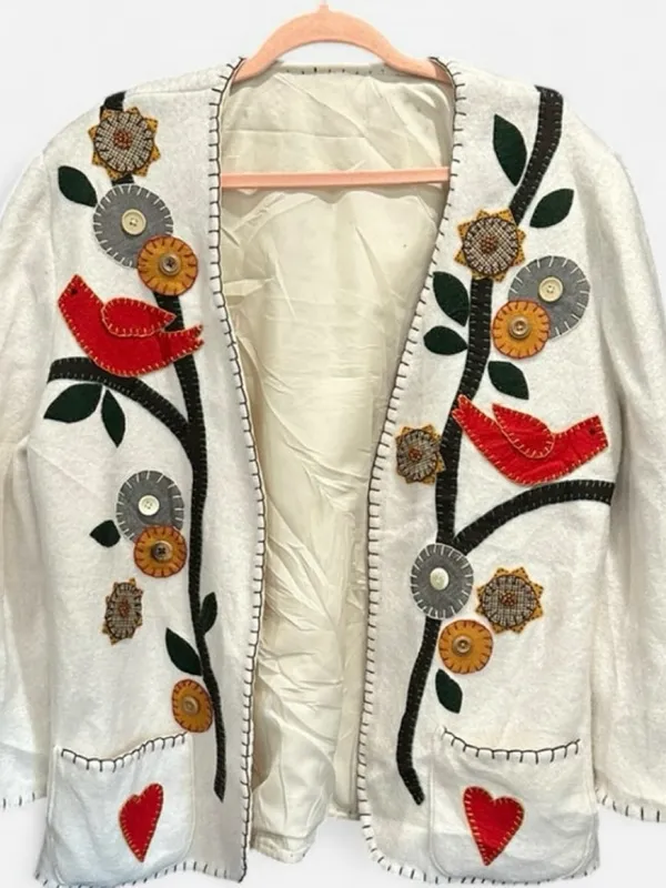 Bohemian Embroidered Cream Cardigan Sweater Jacket Medium - Image 3