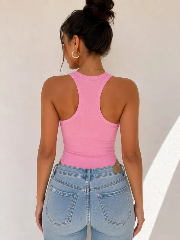 SHEIN Pink Ribbed Racerback Bodysuit Size Small - Image 2