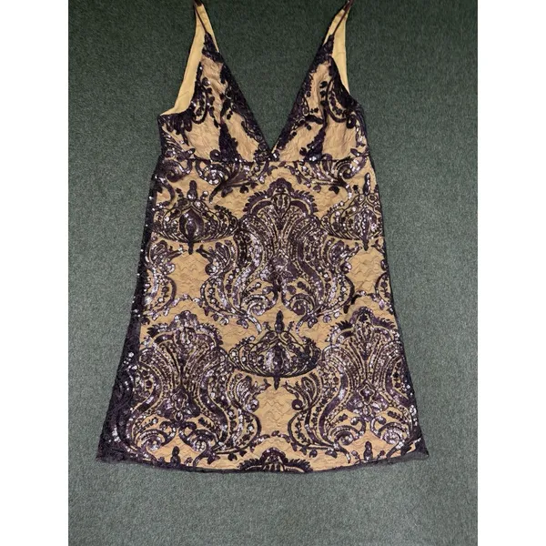 Free People Night Shimmer Sequin Mini Dress Purple Lace Nude Slip Size 0 $108.00 - Image 7