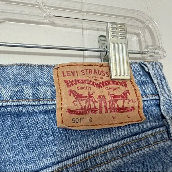Levi’s 501 Original High Rise Straight Jeans Distressed Raw Hem Blue Women’s 25 - Image 5