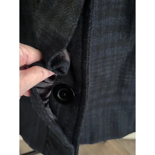 Title: Old Navy L Blue Black Plaid Wool Blend Ruffle Placket Long Coat MSRP $80 - Image 11