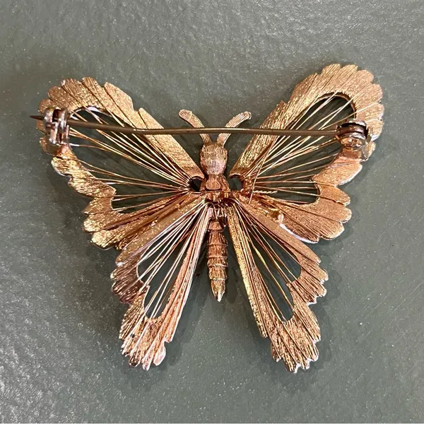 Vintage Butterfly Pin Brooch Gold Tone‎ White Enamel 2” - Image 2
