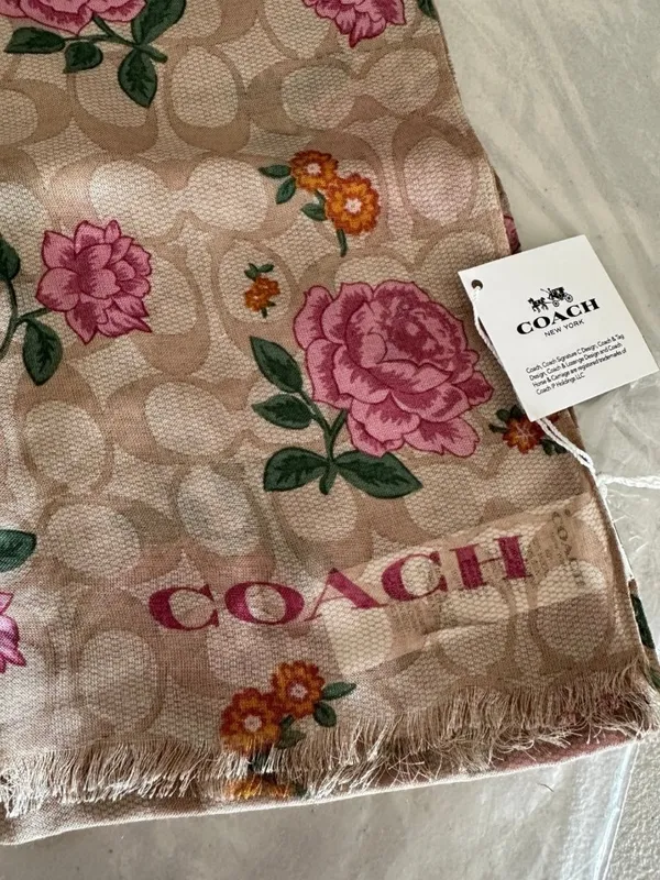 NWT Coach Signature Prairie Rose Print Oblong Scarf 661 Light Khaki - Image 4