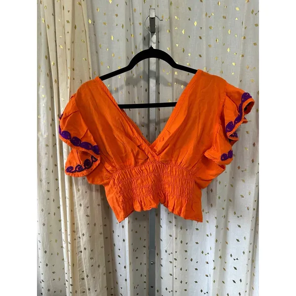 Solei Mexican Artisan Mariposa 100% Cotton Embroidered Floral Crop Ruffle Top L - Image 4