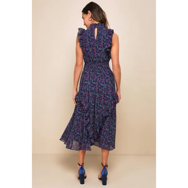 Lulus Evalina Navy Blue Floral Print Mock Neck Sleeveless Ruffle Midi Dress - Image 2