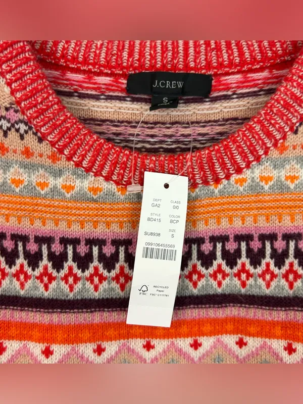 NWT J. Crew Wool Blend Bright Cerise Peony Faire Isle Wool Blend Sweater Small - Image 4