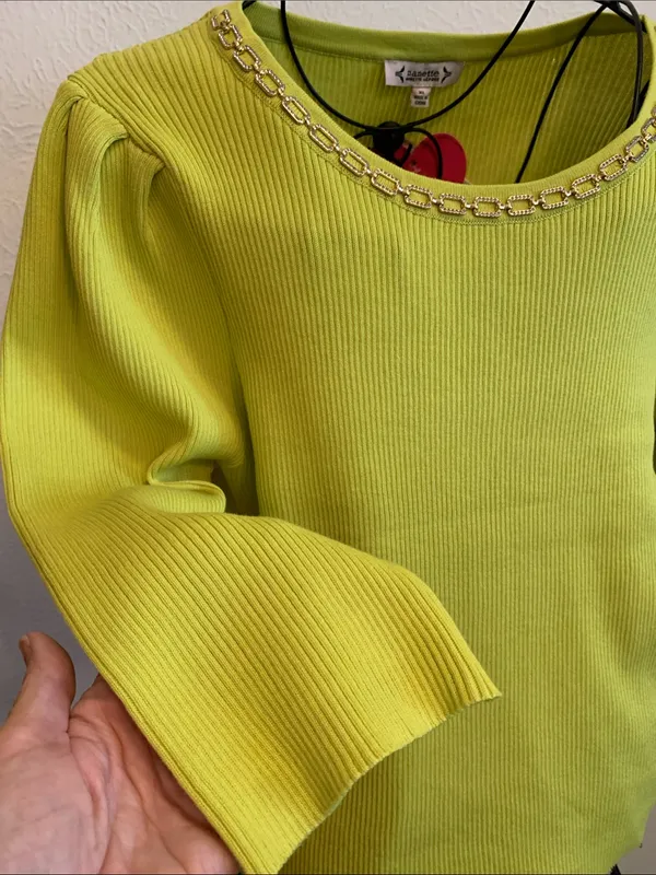 Nanette Lepore Kasper Neon Lime Chain-Trim Crewneck Sweater - Image 9
