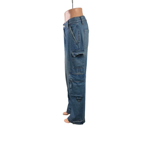 Oak + Fort Womens Blue High Waisted Straight Wide Leg Cargo Denim Jeans Pants 26 - Image 2