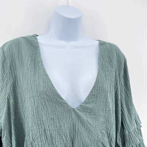 Showpo‎ Green Cotton Tiered Ruffle Mini Dress Belted V-Neck Bell Sleeve Plus 16 - Image 5
