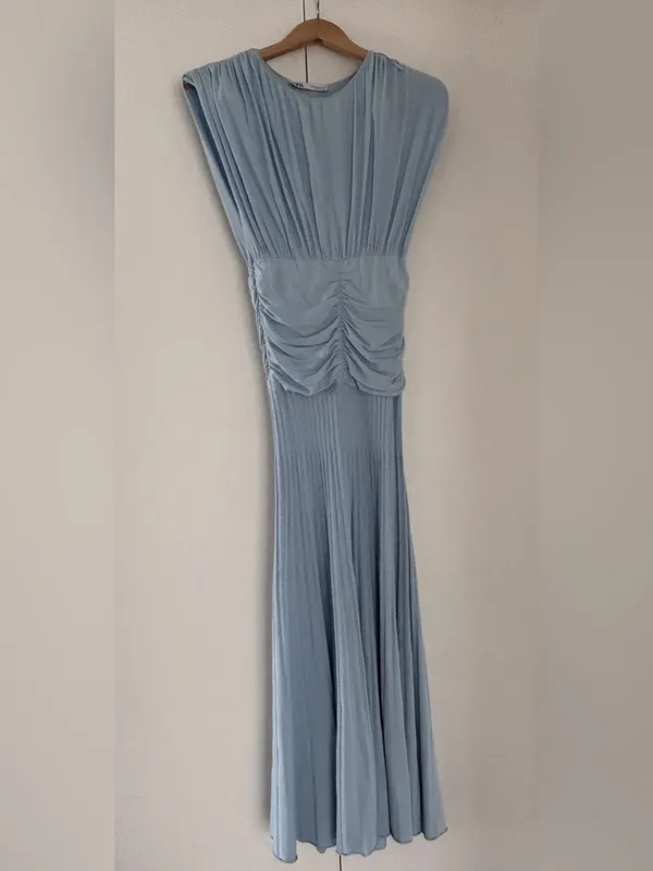 Zara ruched pleated knit Light Blue Midi Dress, stretchy - Image 10
