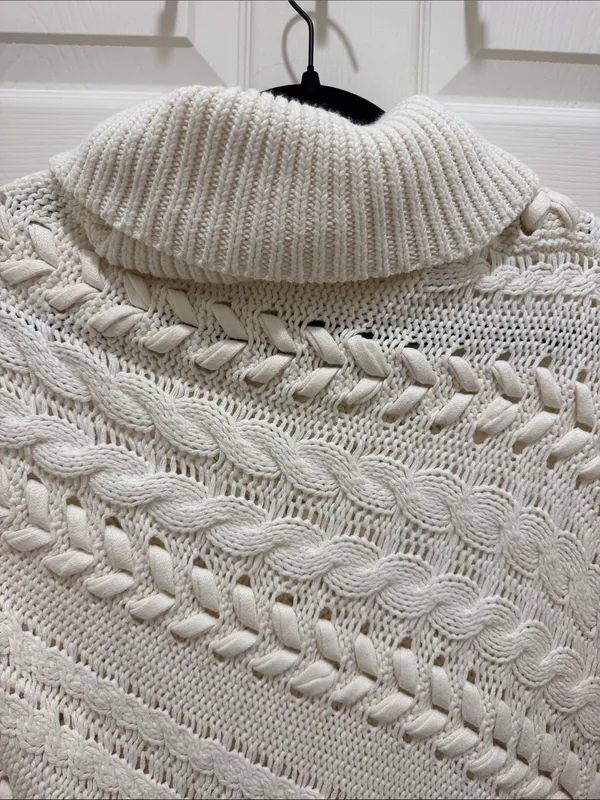 Anthropologie Cream Cable-Knit Cowl Neck Knit Poncho - XS - Image 7