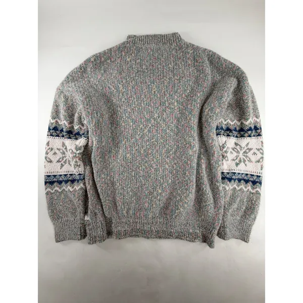 Vintage Style Fair Isle Snowflake Mock Neck Sweater Grey Multi Size L - Image 2