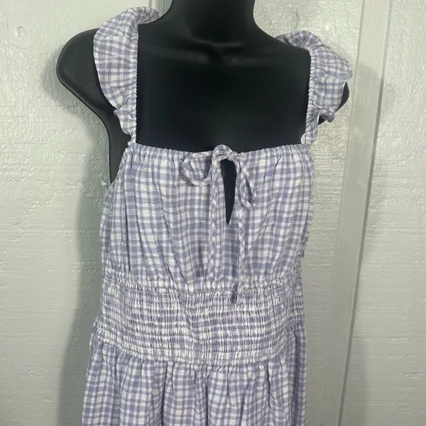 WAYF Purple Gingham Checkered Smocked Waist Flutter Sleeve Midi Dress SZ M NWT - Image 4