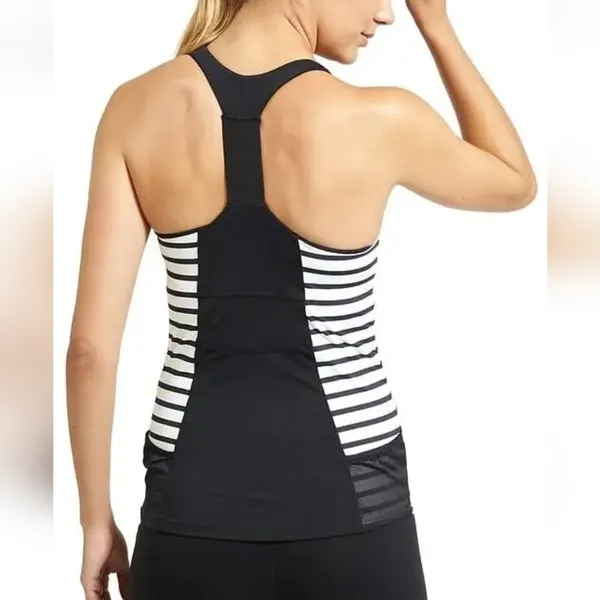 Athleta‎ Black and White Stripe Ace Racer Tank Top Mesh Details Pockets Size S - Image 4