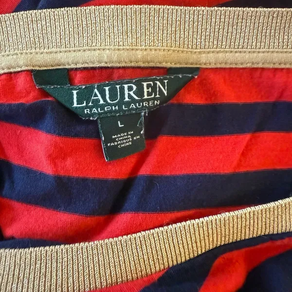 Lauren Ralph Lauren Women’s Top Sz LG Red Navy‎ Stripe Gold Buttons Equestrian - Image 5