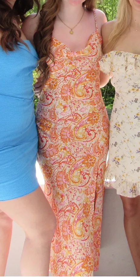 Cowl Neck Floral Maxi Dress with slit Orange - Image 2