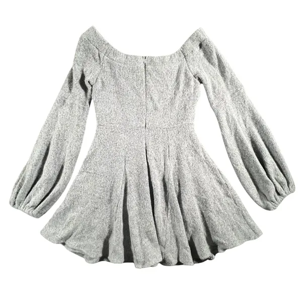 Luxxel Womens Large Gray Textured Knit Skater Mini Dress Bishop Sleeve Lined - Image 3