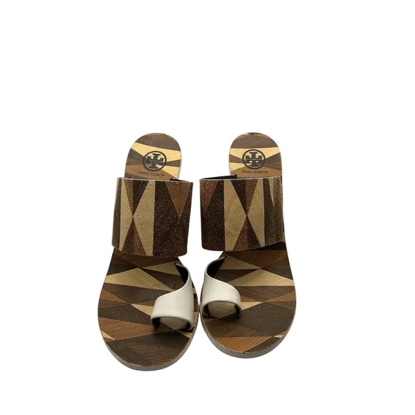 Tory Burch Geometric Marquetry Block Heel Sandals Brown White Leather 7.5M - Image 9