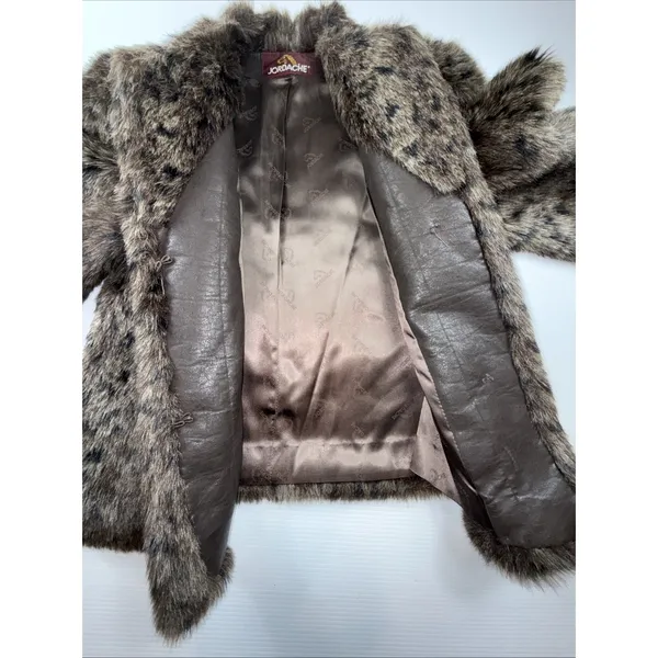 Vintage Jordache Brown Faux Fur Coat jacket Leopard Print Size 7/8 - Image 6