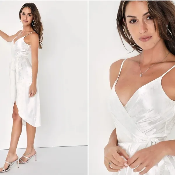 LULU's Elegant Sexy Wedding Bridal Shower Engagement White Satin Floral Dress - Image 3