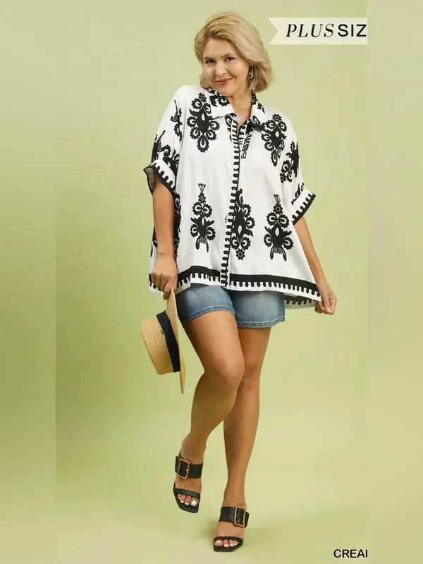New! Umgee Plus Size Cream Abstract Collar Button-Front Top Size 2X - Image 2