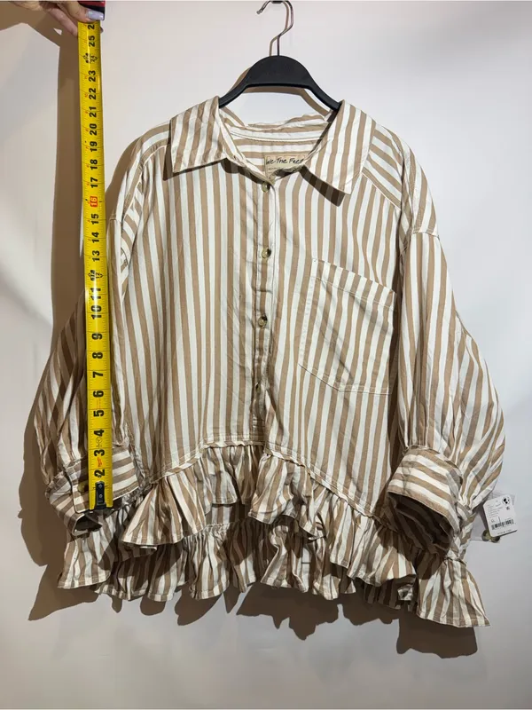 NWT Free People Bailey Navy Stripe Ruffle Hem Cotton Button Up Shirt XL - Image 9