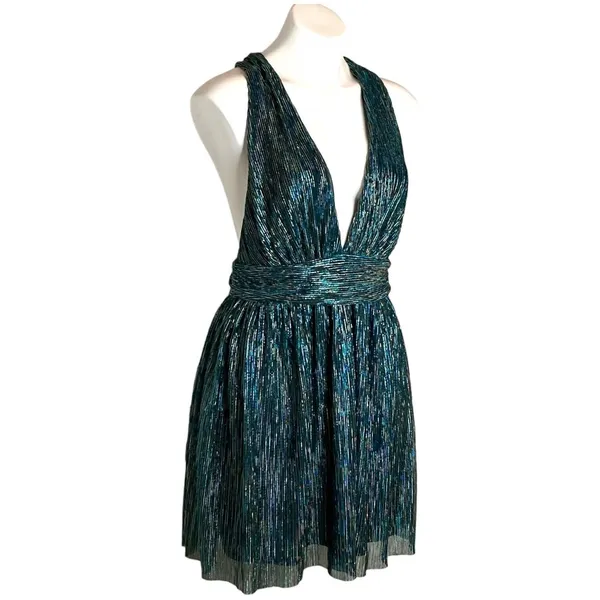 New LULUS Ailey Metallic Teal Twist Back Skater Dress Womens Size L Mini Party‎ - Image 2