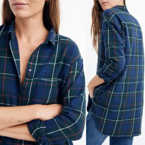 Madewell Flannel Oversized Ex-Boyfriend Shirt in Dark‎ Plaid 100% Cotton Size XS - Image 2