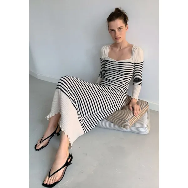Zara | Striped Ribbed Knit Midi Dress Scalloped‎ Hem| Sz XS - Image 2