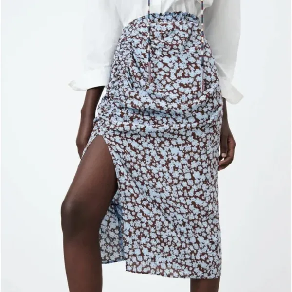 NWT Zara Draped Floral Print Skirt Brown‎ Blue - Image 6
