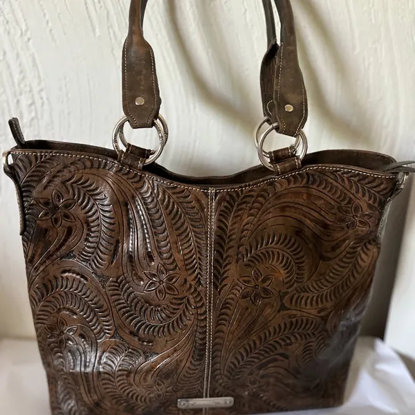 American West Hand Tooled Leather Handbag Western Bag Shoulder Purse Tassel - Image 6