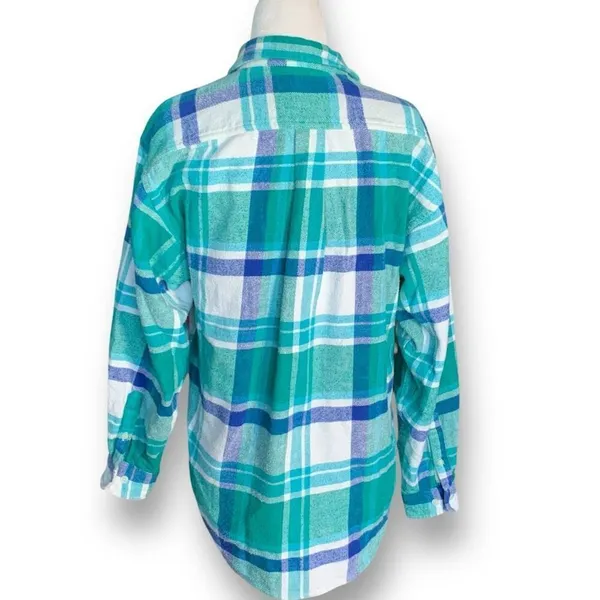 Vintage 90s Kelly Green Blue Plaid‎ Flannel Button Front Long Sleeve Baggy Shirt - Image 9