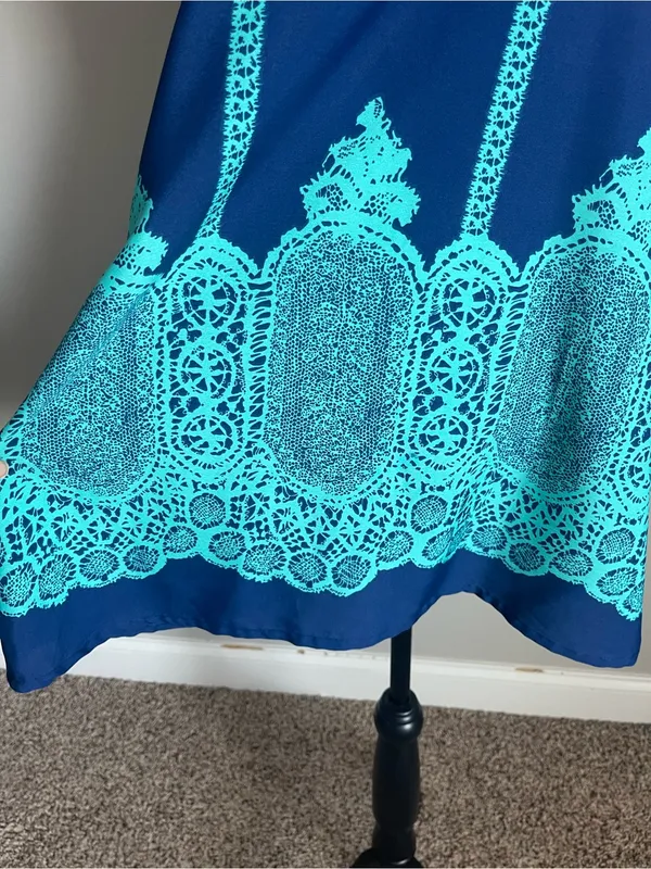 Navy Blue & Teal Graphic Print Mini Slip Dress Sz M - Image 3