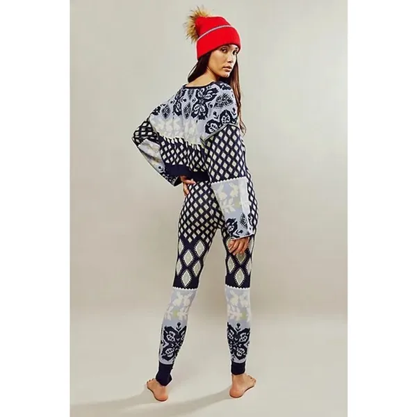 Free People Snow Bunny Knit SET Cardigan & Leggings XS Blue Lounge Nordic Indie - Image 3