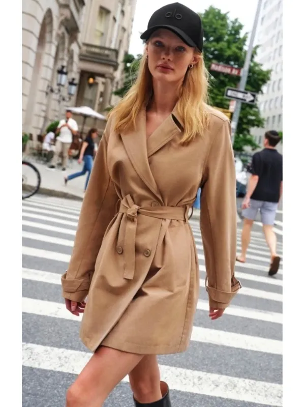 Alo Prime Trench Toasted Almond Tan Structured Belted Belt Long Coat Jacket S - Image 8