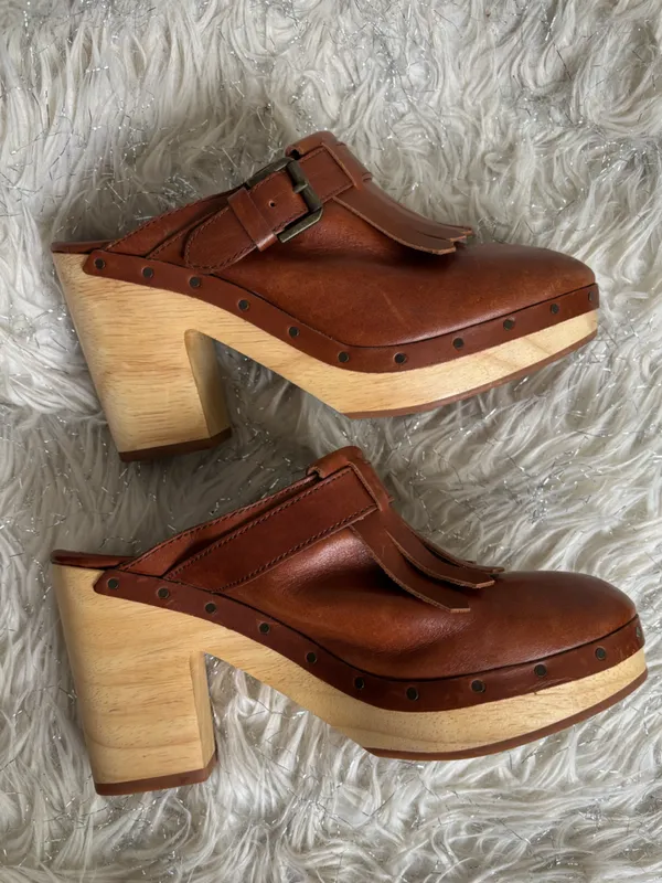 Madewell Brown Women’s Leather Fringe Mule Clogs Wooden Block Heels Size 7.5 - Image 3