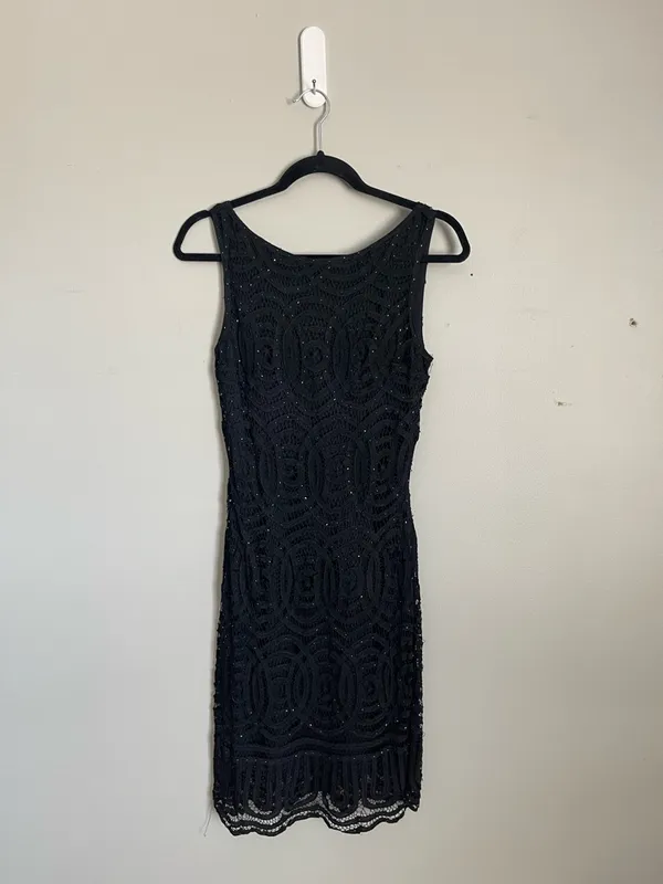 CACHE | Black Beaded Lace Midi Dress Sz S - Image 2