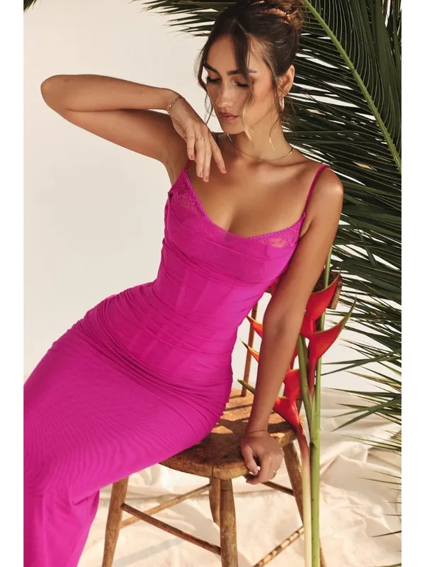 House of CB Nalini Fuchsia Mesh Maxi Dress Ruched Corset M - Image 11