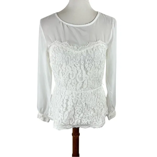 New York & Company White Lace Sheer Long Sleeve Blouse Small - Image 2