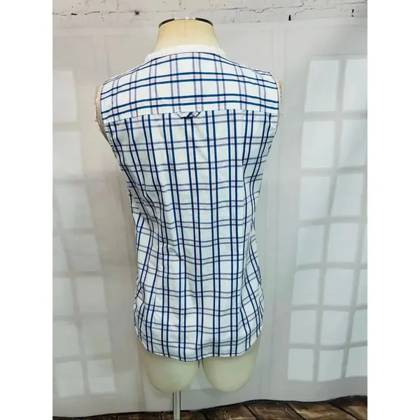 Brooks Brothers Red Fleece Blue White Plaid Sleeveless Tie Neck Blouse Top Sz 2 - Image 5