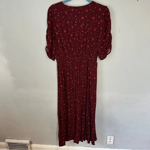 Old Navy Burgundy Puff-Sleeve V-Neck Midi Dress NWT NEW Large Burgundy Floral - Image 4