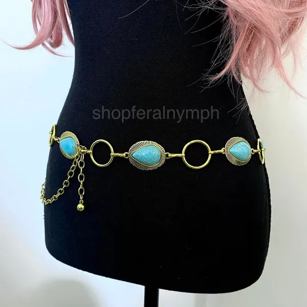 Gold Y2K Turquoise Western Boho Chain Belt, Fits 25.5-44.5 Inches, X7GA1271 - Image 3
