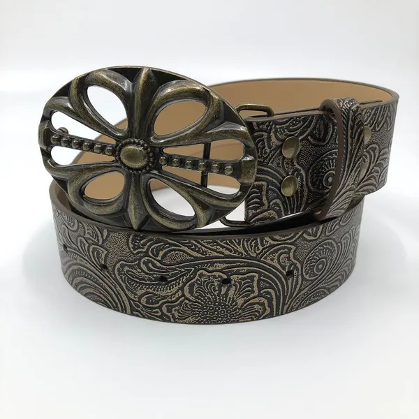 Women’s Brown Faux Leather Belt w/ Antique Gold Buckle, 28-36.5 Inches, X7G9A747 - Image 3