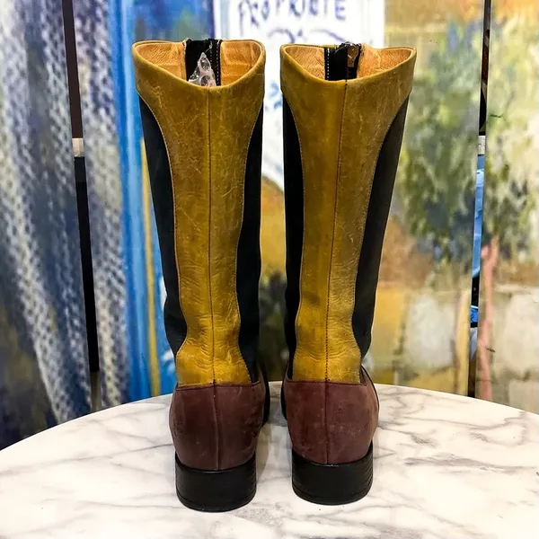 John Fluevog Encourage Kathryn Leather Tall Boots Black Burgundy‎ Yellow 8 GUC - Image 10