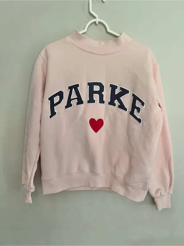 Parke Heart Varsity Mockneck Sweatshirt In Peony And Denim Size S/M - Image 2