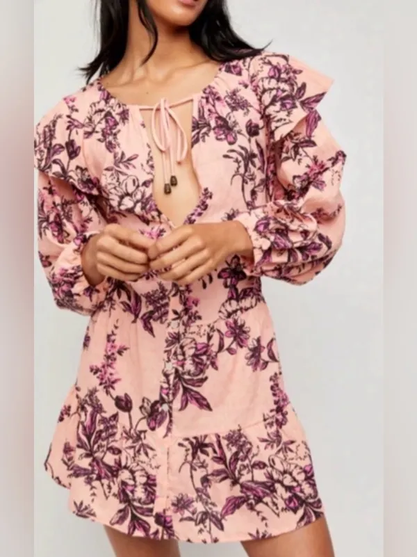 Free People Boho Mini Dress Size Small Cottagecore Festival Peasant Babydoll - Image 3