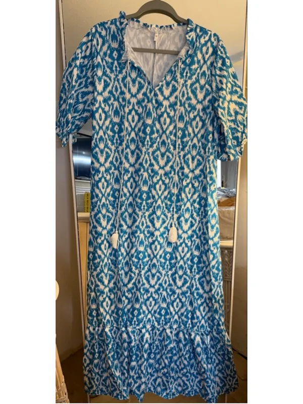 NEW Floral Loose Lightweight Beach 3/4 Ruffle Sleeve Maxi Dress V Neck A Line M - Image 4